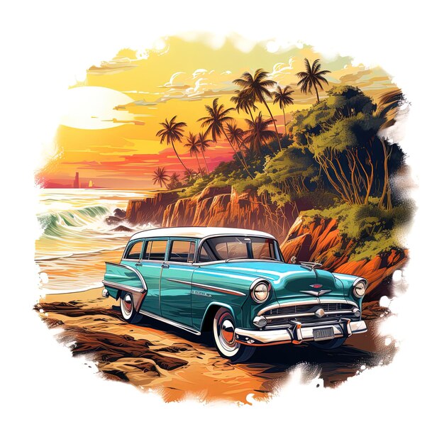 a drawing of a car with palm trees in the background