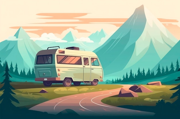 Drawing of a caravan stopped on the road to the mountains
