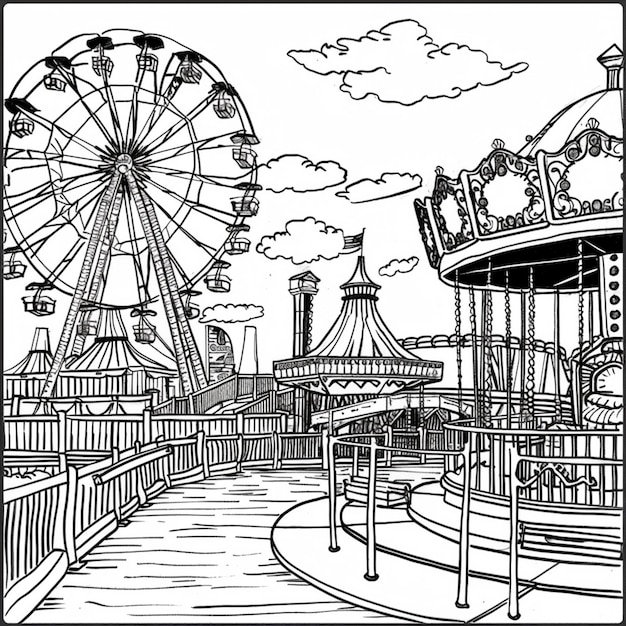 Photo a drawing of a carnival park with a ferris wheel and carousel generative ai