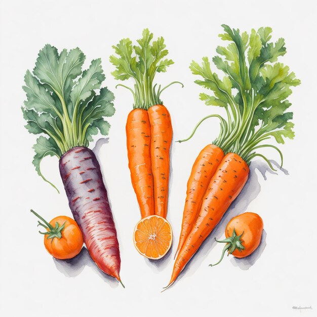 Рисунок моркови, моркови и апельсинов.