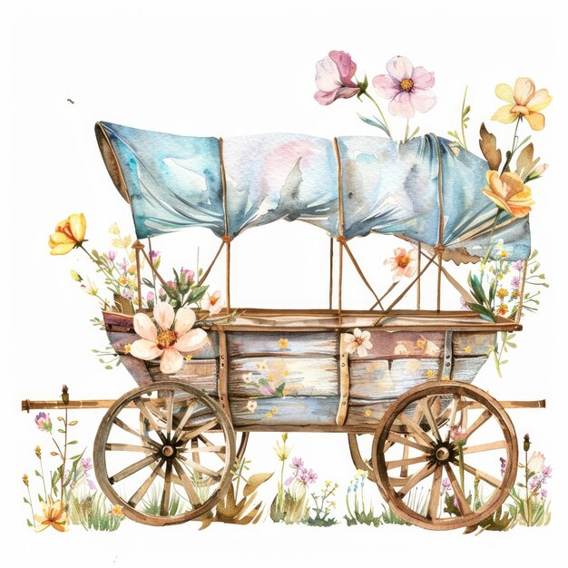 Photo a drawing of a cart with flowers and a blue cover