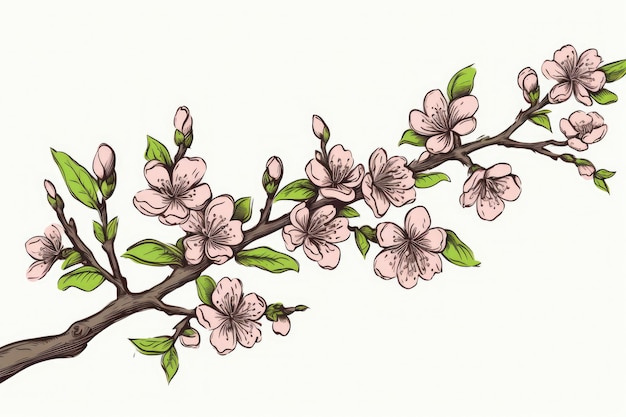 Photo drawing of a cartoon sakura bloom branch done by hand