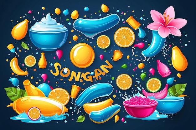 a drawing of a cartoon scene with different candies and fruit