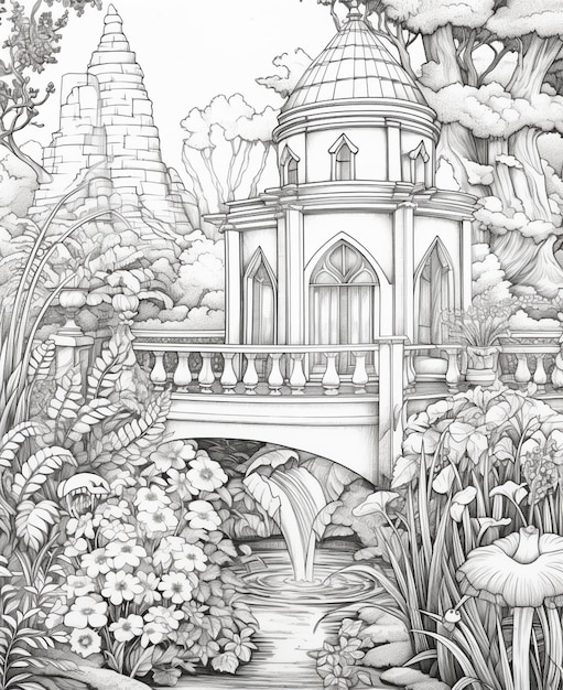 A drawing of a castle in a garden with a bridge generative ai