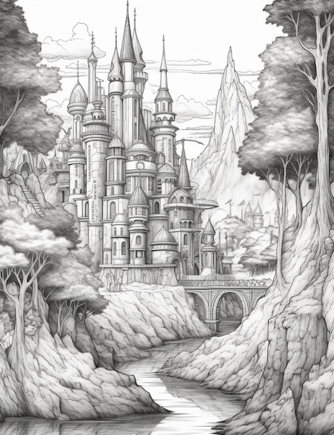 a drawing of a castle in the middle of a forest generative ai