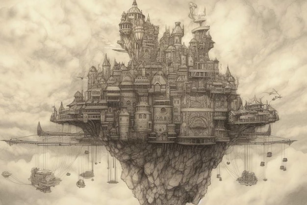 A drawing of a castle in the sky