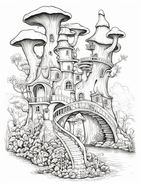 a drawing of a castle with a bridge and mushrooms generative ai