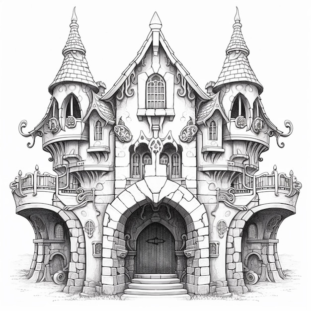 A drawing of a castle with a castle on the front.