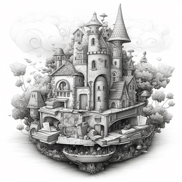 A drawing of a castle with a castle on it.