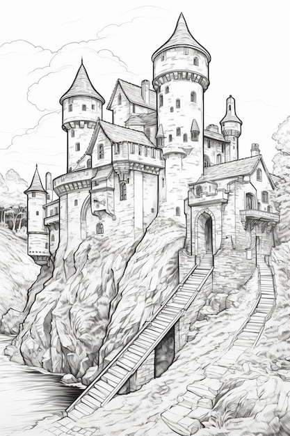 a drawing of a castle with a castle on the top.