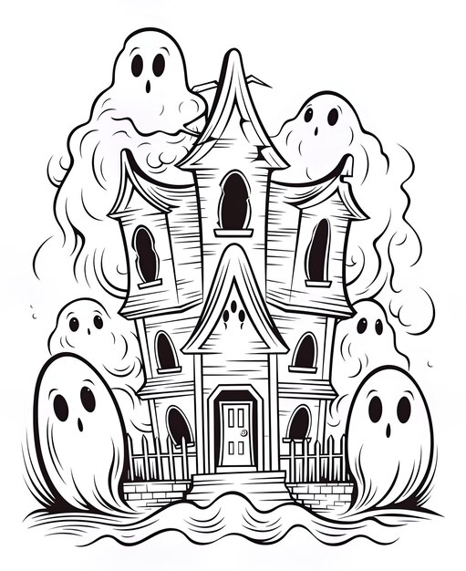 a drawing of a castle with a house with ghosts on it