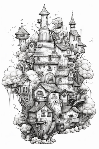 a drawing of a castle with many buildings and trees generative ai