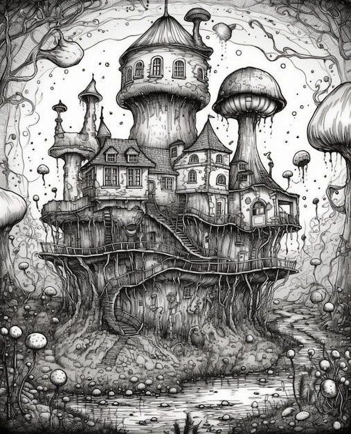 A drawing of a castle with a mushroom house on top.