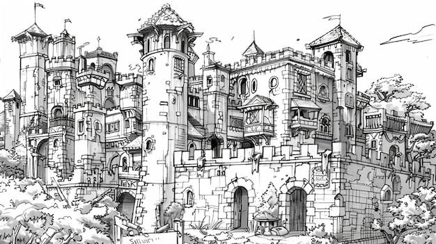 a drawing of a castle with a sign that saysthe name of the city