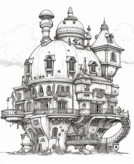 a drawing of a castle with a staircase going up to it generative ai