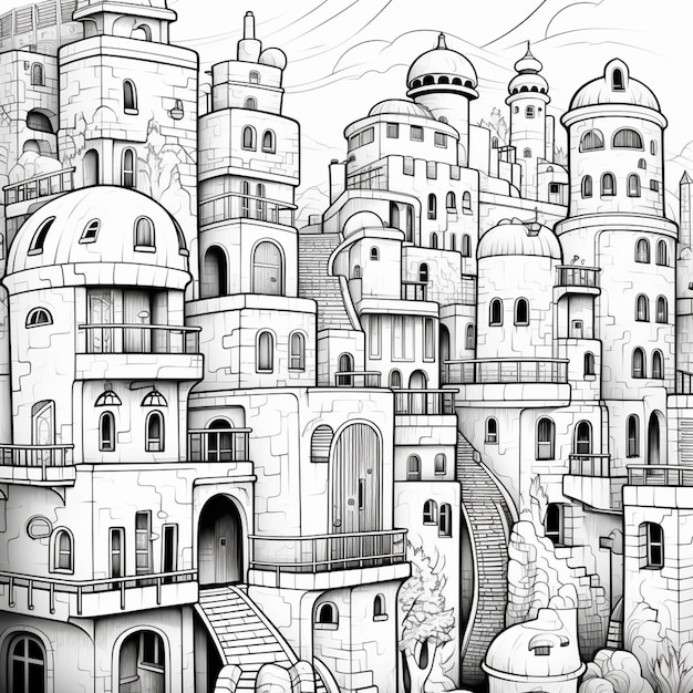 A drawing of a castle with a staircase going up to it generative ai
