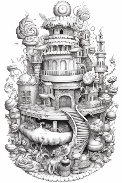 A drawing of a castle with a staircase leading to it generative ai