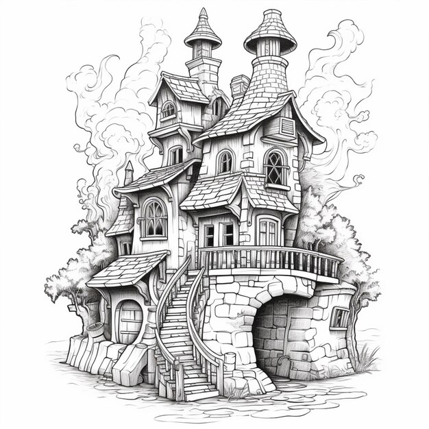 a drawing of a castle with stairs leading to a tower generative ai