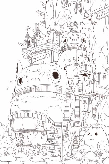 a drawing of a castle with a tower and a cat generative ai