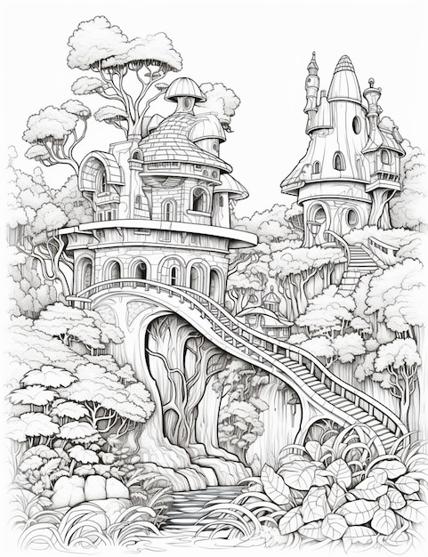 a drawing of a castle with a waterfall and a bridge generative ai