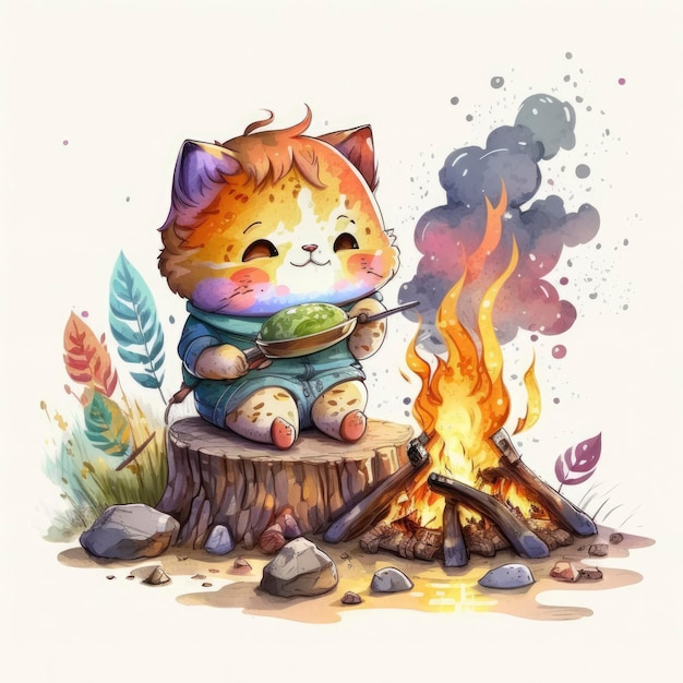 A drawing of a cat cooking over a campfire