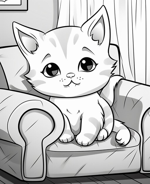 Foto un disegno di un gatto su un divano con una tenda che dice 