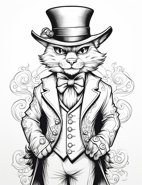 Foto disegno di un gatto vestito con uno smoking e un cappello a cilindro generativo ai