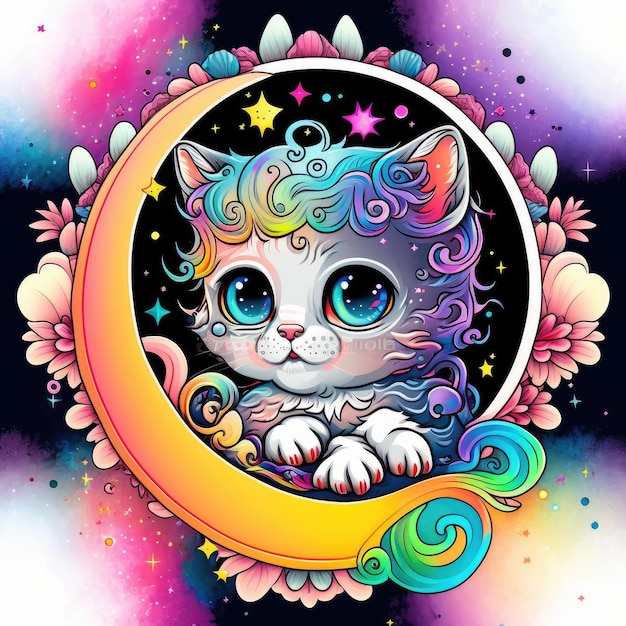 A drawing of a cat on a moon with rainbow colors.