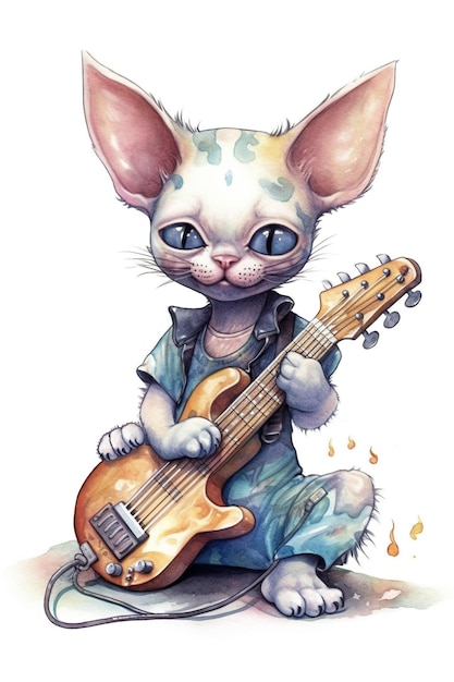 A drawing of a cat playing a guitar Generative AI image