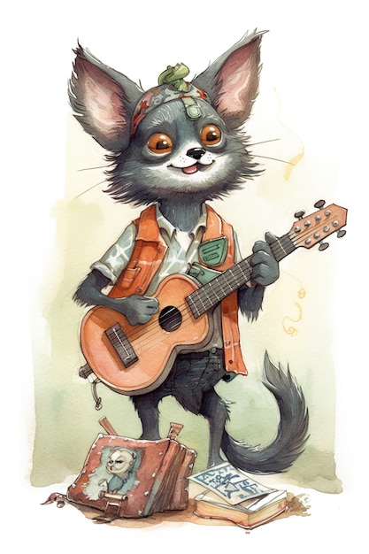 A drawing of a cat playing a guitar Generative AI image