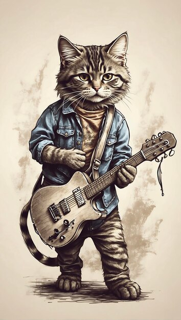 Drawing a cat playing a guitar vintage design for t shirt1 Ai Generated