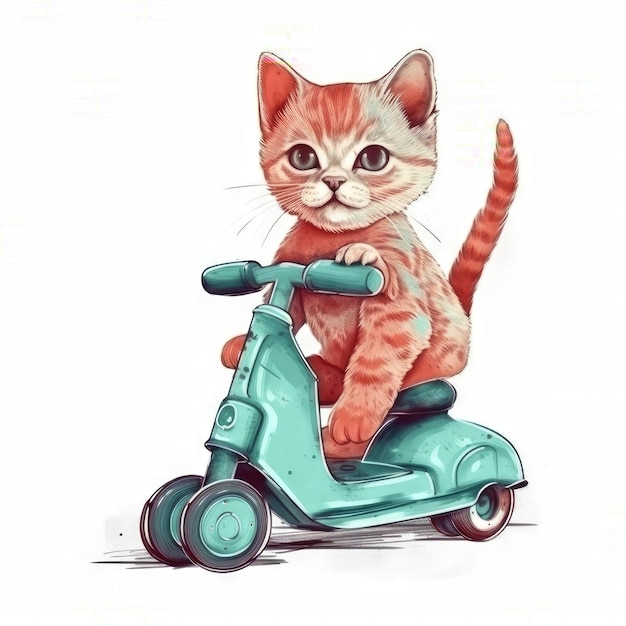 「猫」と書かれたスクーターに乗った猫の絵