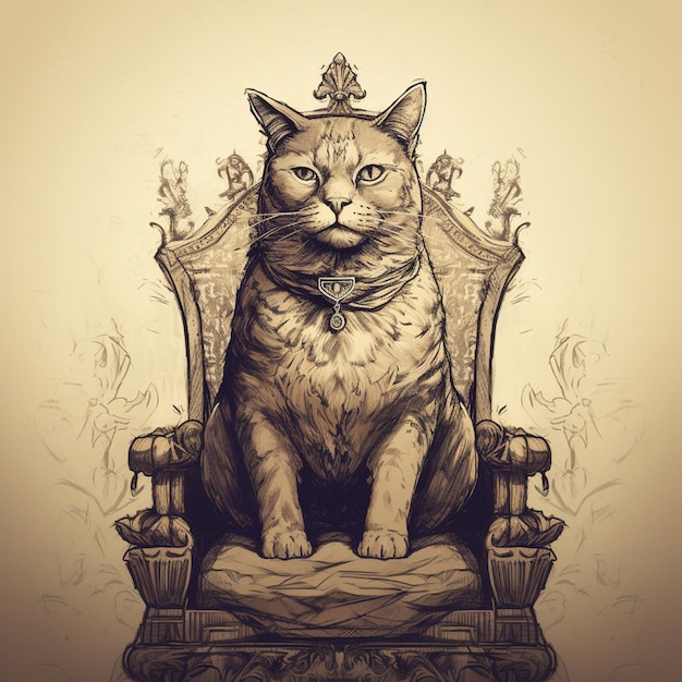 A drawing of a cat sitting on a throne.