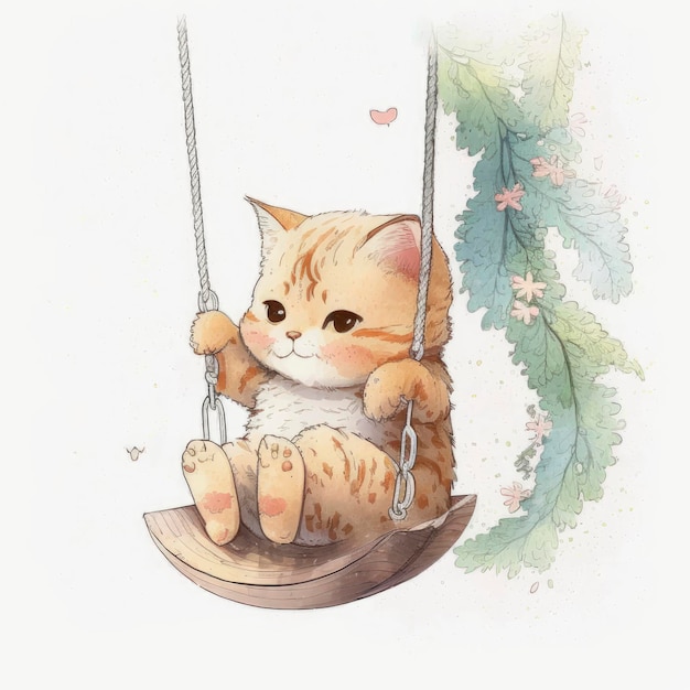 A drawing of a cat on a swing with a pink heart on the front.