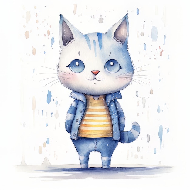 A drawing of a cat wearing a striped shirt and a jacket.