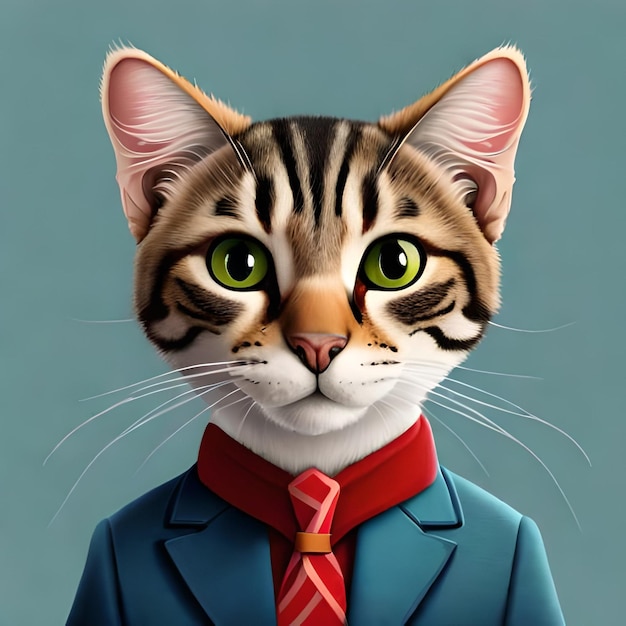 A drawing of a cat wearing a suit and a red tie.