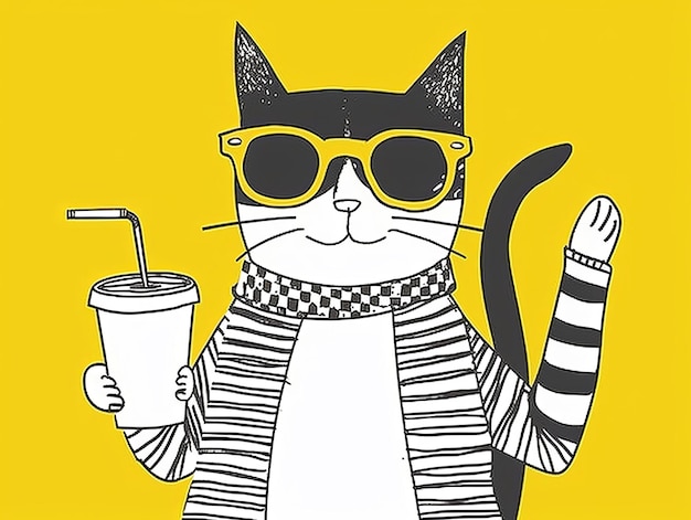 Photo a drawing of a cat wearing sunglasses and holding a drink