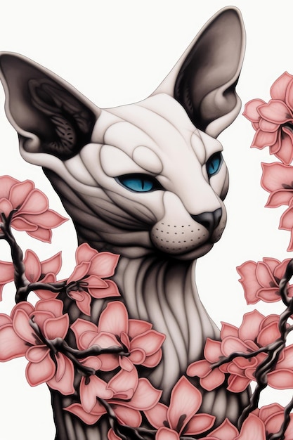 A drawing of a cat with blue eyes and a flowery background