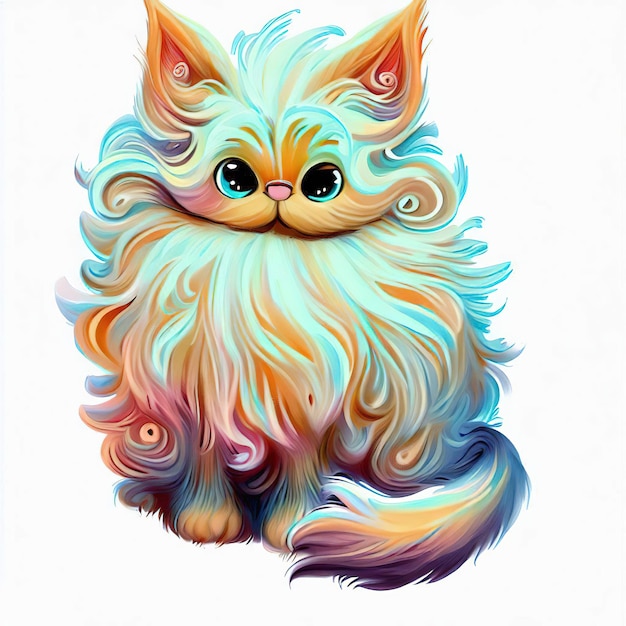 A drawing of a cat with a blue eyes and a fluffy tail.