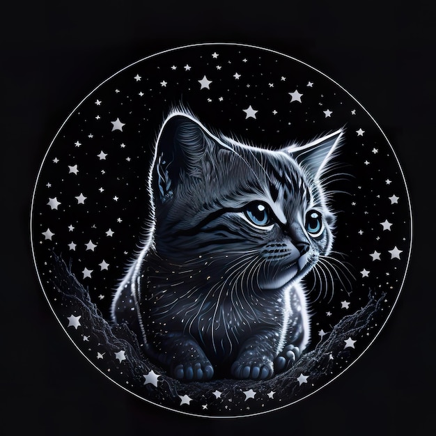 A drawing of a cat with blue eyes sits on a black background.