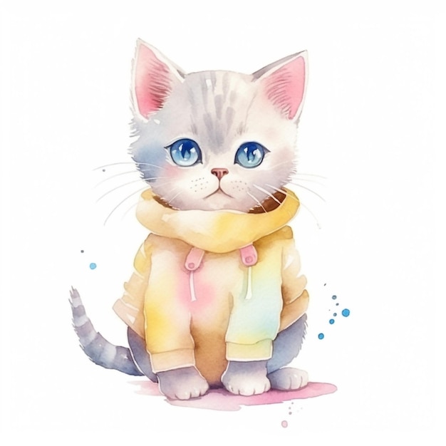 A drawing of a cat with blue eyes and a yellow sweater.