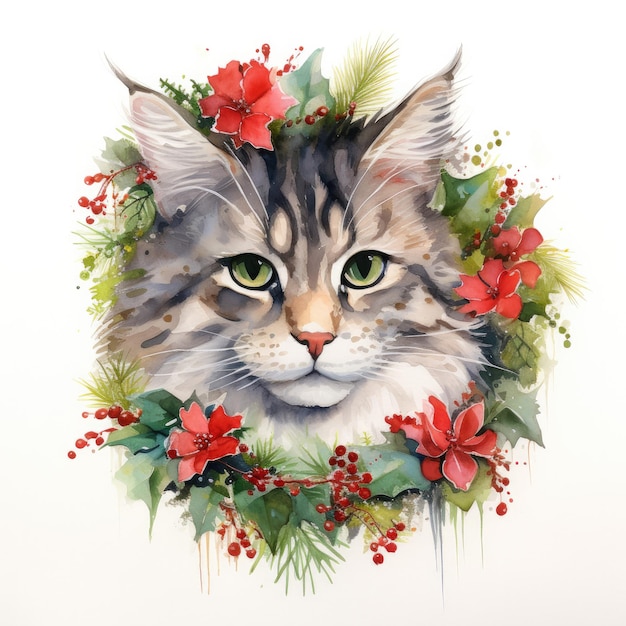 рисунок кошки с цветами и картинка кошки с цветочным венком на ней