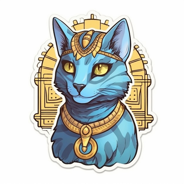 a drawing of a cat with a gold headband and a gold headband.