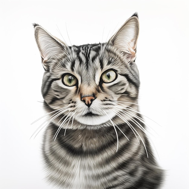 A drawing of a cat with a grey and black striped face.