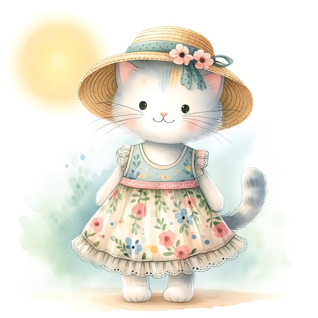 a drawing of a cat with a hat and a pastel dress