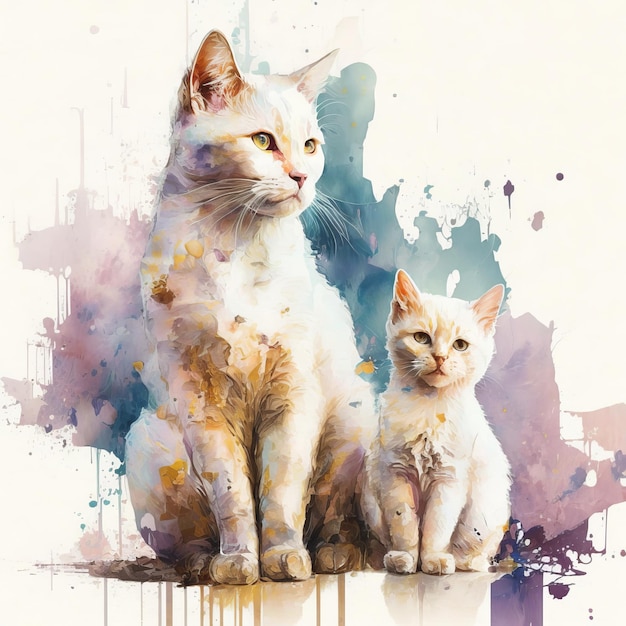 Рисуем кошку с котенком сидящим на белом фоне красками акварелью Generative AI