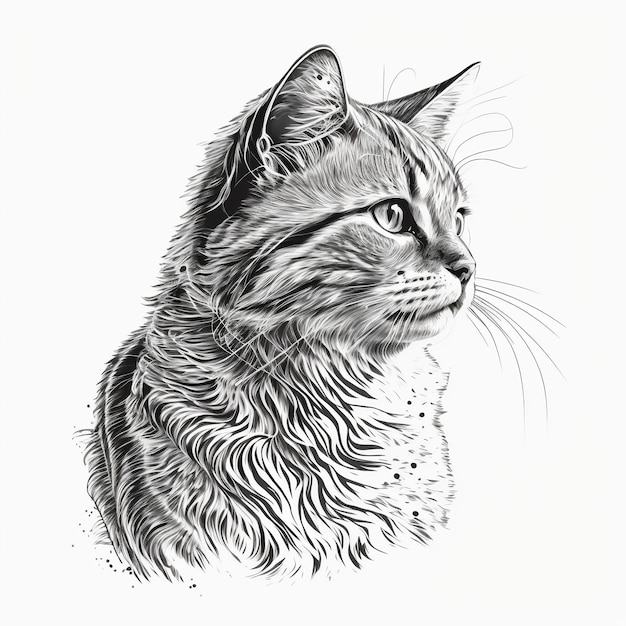 A drawing of a cat with long whiskers and a long nose.