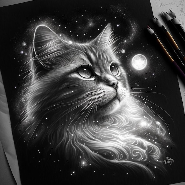 A drawing of a cat with the moon in the background.