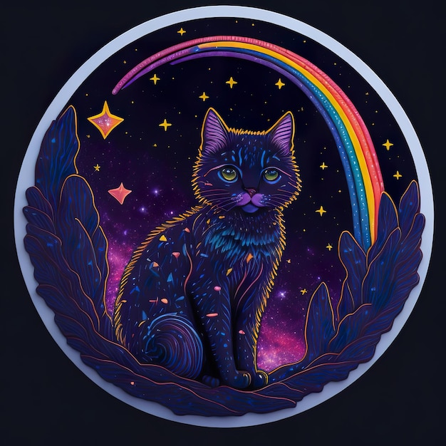 A drawing of a cat with a rainbow on it