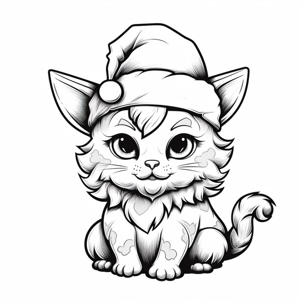 a drawing of a cat with a santa hat on its head generative ai